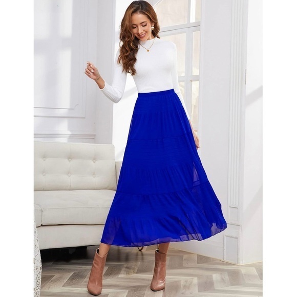 Dresses & Skirts - Chiffon Elastic Waist Pleated A-Line Flared Maxi Skirt!